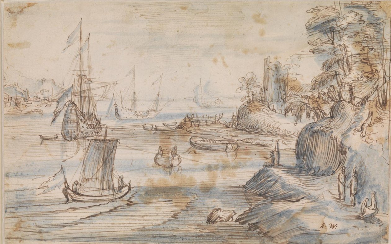 Paisaje Costero con Varios Barcos, una Costa Alta con Varias Figuras de Abraham Willaerts