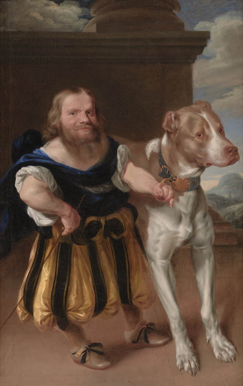 El enano italiano del Elector de Sajonia, Giachomo Favorchi, con el perro de la Princesa Magdalena Sibila, Raro de Abraham Wuchters