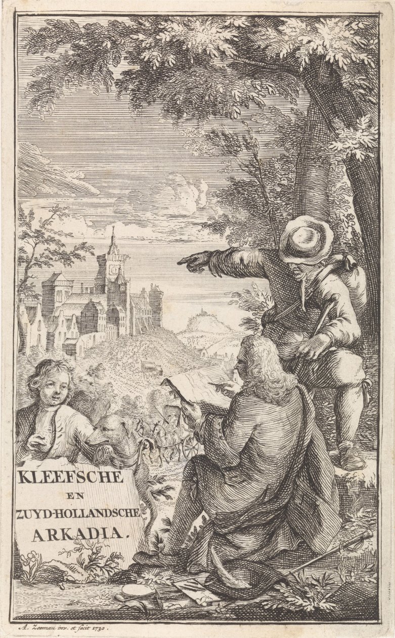 Viajero dibuja la ciudad de Kleve Página de título para: C. Bruin, Kleefsche y Zuid-Hollandsche Arkadia (...), 1730 de Abraham Zeeman