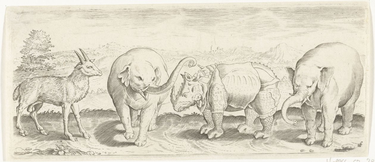 Gacela, elefante y rinoceronte Animales (título de la serie) de Abraham de Bruyn (possibly)