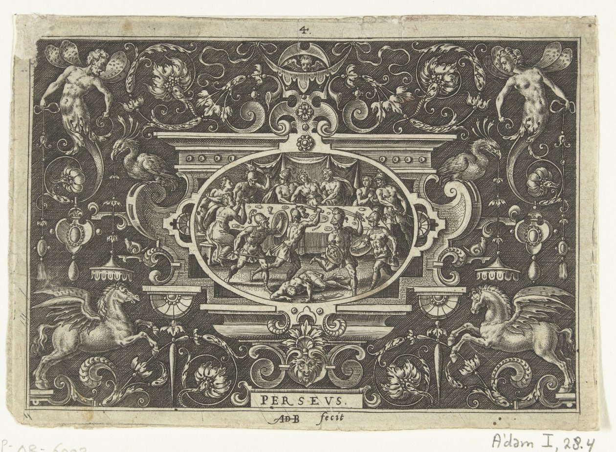 Cartouche: Phineus interrumpe la boda de Perseo y Andrómeda PERSEO (título sobre objeto) Cartuchos ovalados con escenas de la vida de Perseo en el marco de grutescos (título de la serie) de Abraham de Bruyn