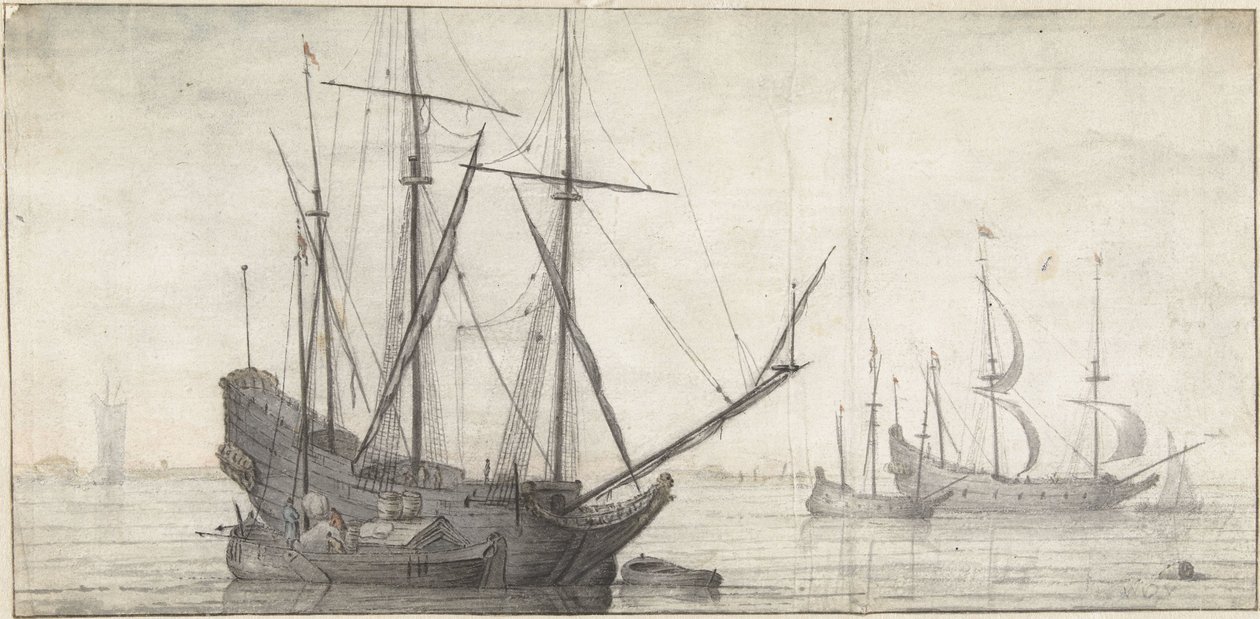 Barcos de vela en aguas tranquilas cerca de la costa de Abraham de Verwer (possibly)