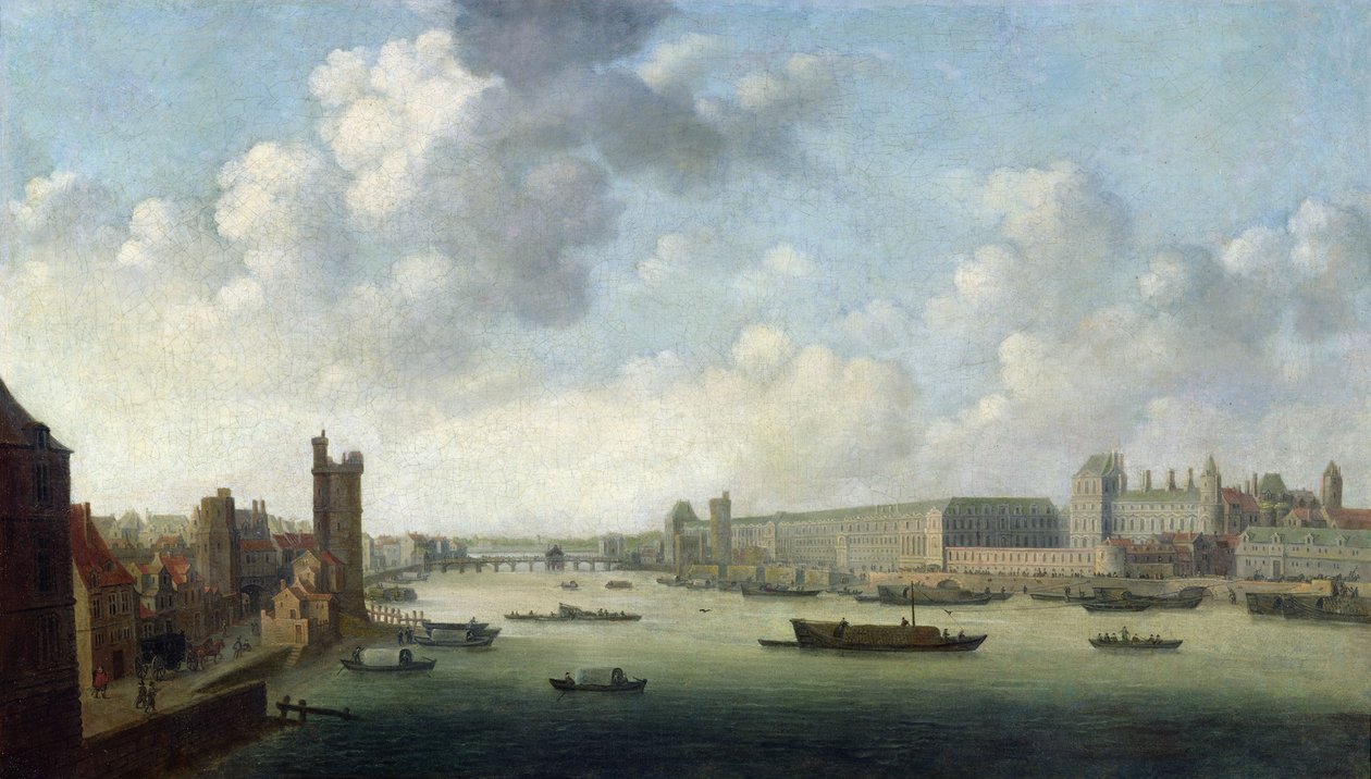 Vista en perspectiva de París desde el Puente Barber río abajo, representando el Hôtel Bourbon, La Grande Galerie del Louvre, c.1640 de Abraham de Verwer
