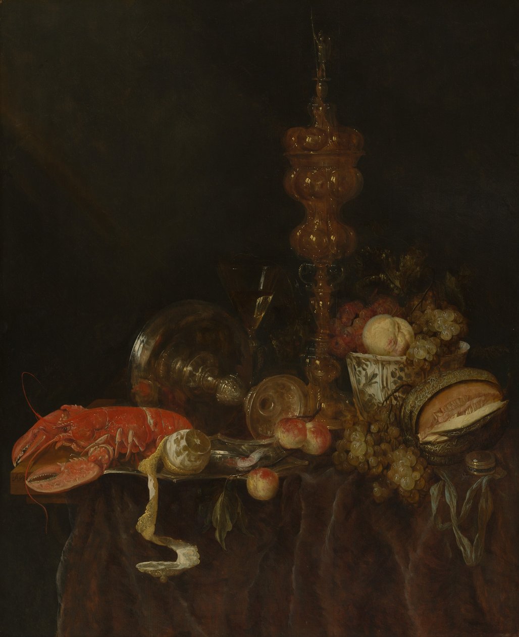 Naturaleza muerta con langosta y fruta de Abraham van Beyeren