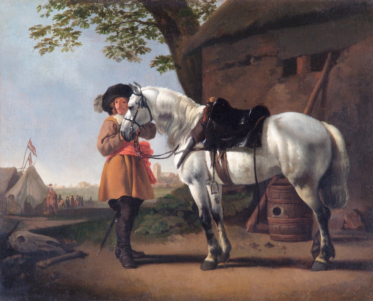 Un caballero con un caballo gris (óleo sobre lienzo) de Abraham van Calraet