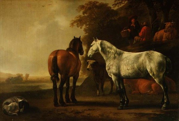 Caballos y ganado en un paisaje de Abraham van Calraet