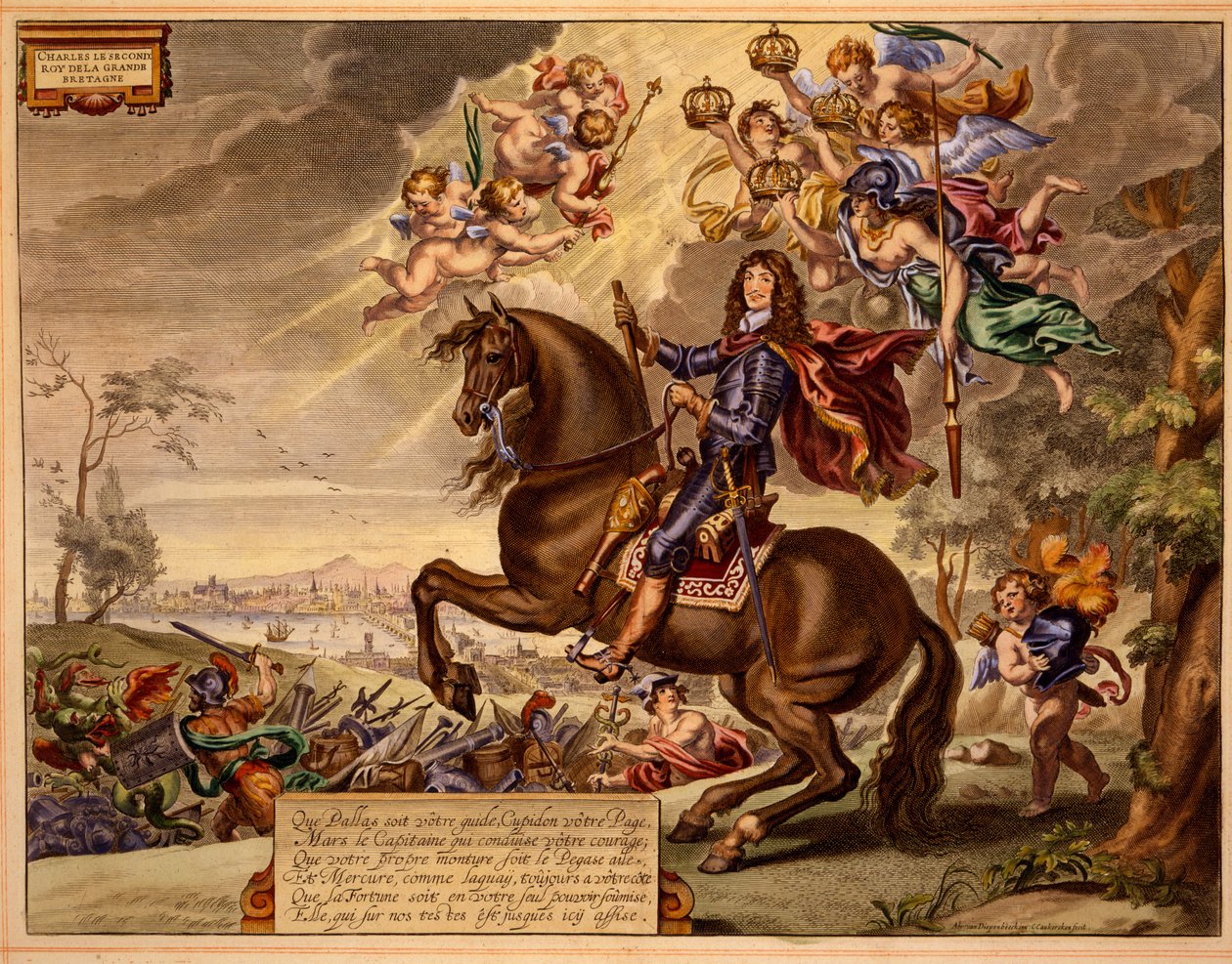Carlos II con una dedicación en francés, con el Puente de Londres antiguo en el fondo, de El método y nueva invención de vestir caballos por William Cavendish, publicado en 1737 (2ª ed.) de Abraham van Diepenbeeck