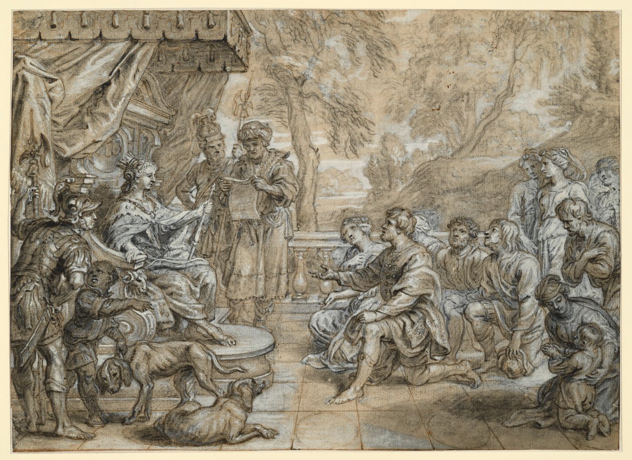 Una reina con manto de armiño y cetro (¿Semíramis?) en un trono, ante ella se arrodilla un grupo de hombres y mujeres de Abraham van Diepenbeeck
