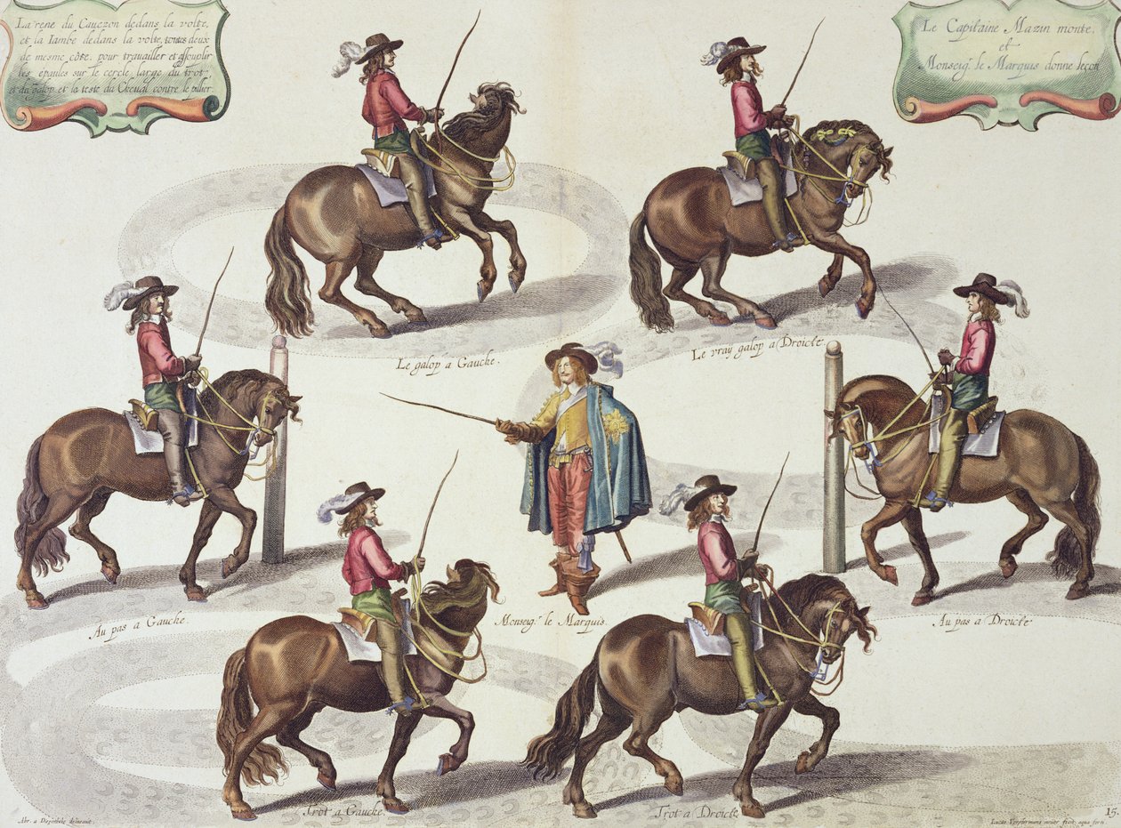 El Marqués de Newcastle dando una lección de equitación al Capitán Mazin, lámina 15 de El Método y Nueva Invención de Vestir Caballos por William Cavendish (1592-1676) Marqués de Newcastle, grabado por Lucas Vo de Abraham van Diepenbeeck