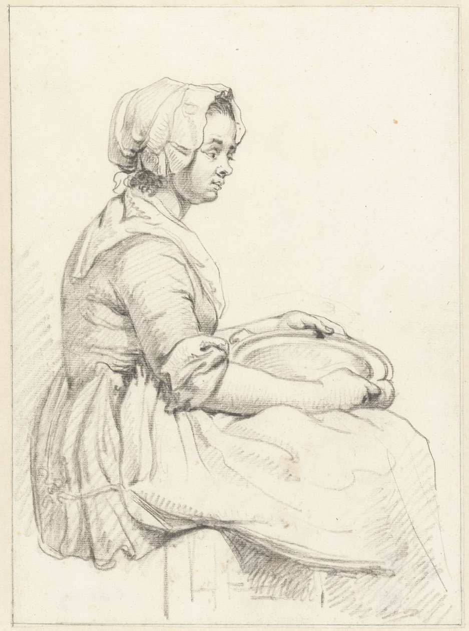 Mujer sentada con un platillo en su regazo, a la derecha de Abraham van Strij (I)