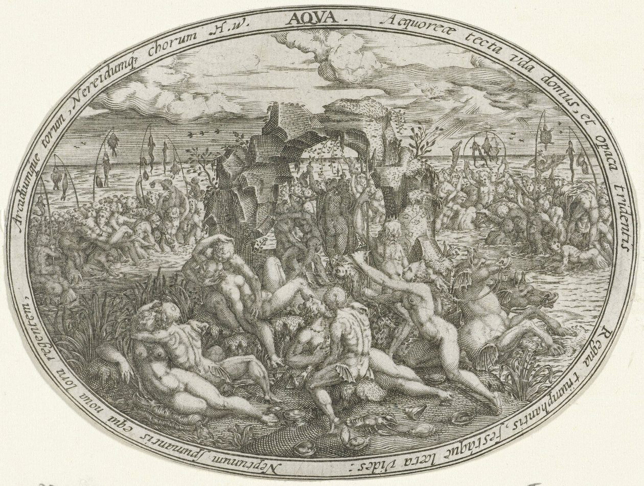 Neptuno con Nereidas y Tritones: El Elemento Agua Aqua (título sobre el objeto) Los cuatro elementos (título de la serie) de Abraham van den Hecken
