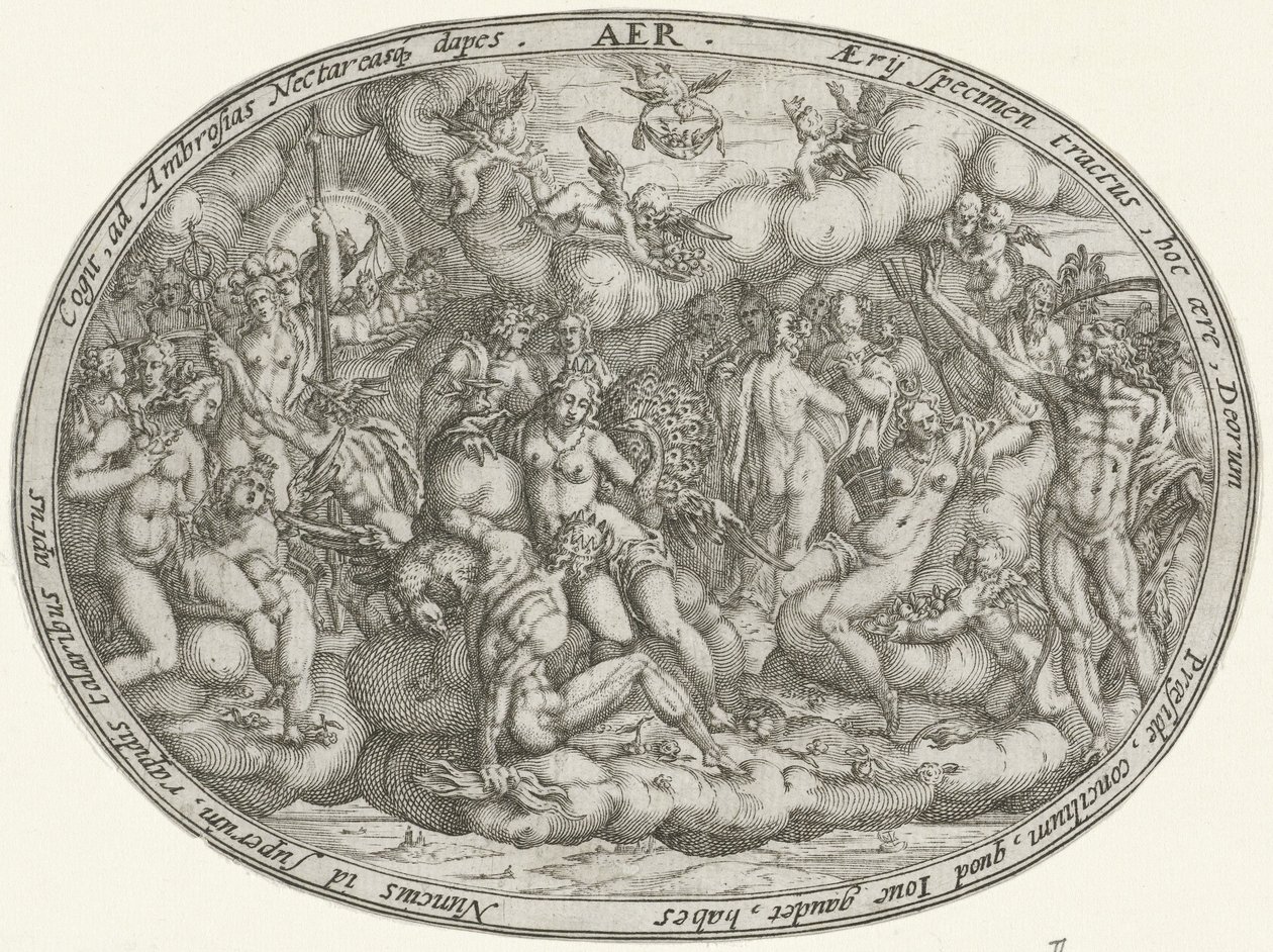 Dioses olímpicos entre las nubes: el elemento aire Aer (título sobre el objeto) Los cuatro elementos (título de la serie) de Abraham van den Hecken