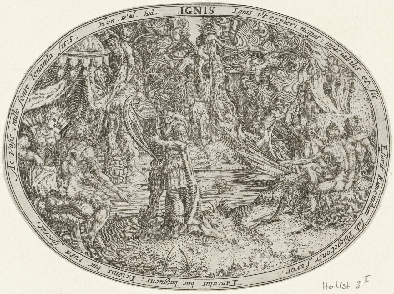 Orfeo en el inframundo: el elemento del fuego Ignis (título sobre objeto) Los cuatro elementos (título de la serie) de Abraham van den Hecken