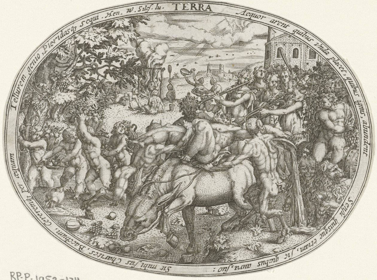 Procesión Triunfal de Baco y Sileno: El Elemento Tierra Terra (título sobre el objeto) Los cuatro elementos (título de la serie) de Abraham van den Hecken