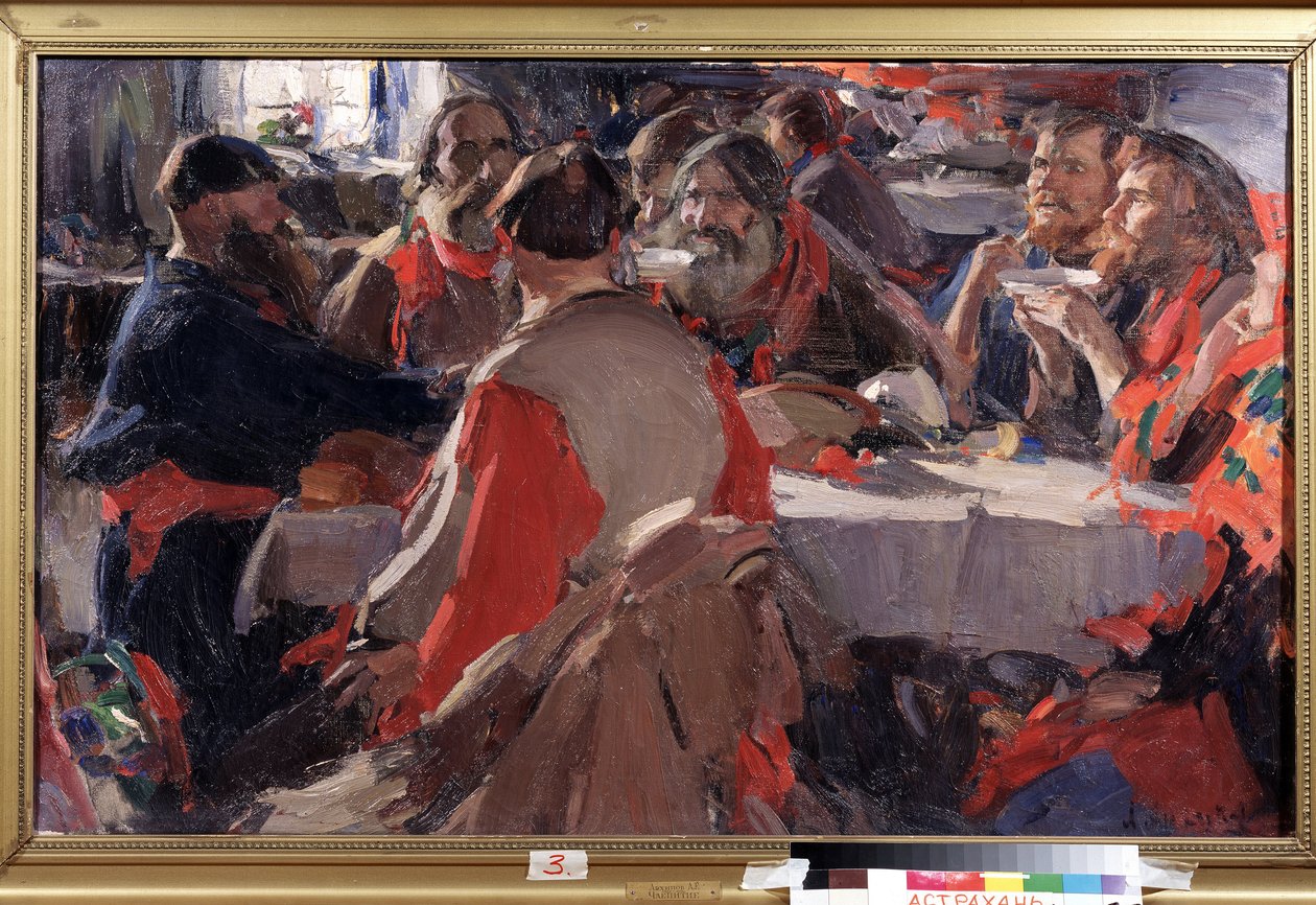 Hora del té (beber té). Pintura de Abram Yefimovich Arkhipov (1862-1930). Óleo sobre lienzo, 79 x 31 cm. Arte ruso, finales del siglo XIX y principios del XX. Galería de Arte Estatal B. Kustodiev, Astrakhan (Rusia). de Abram Efimovich Arkhipov