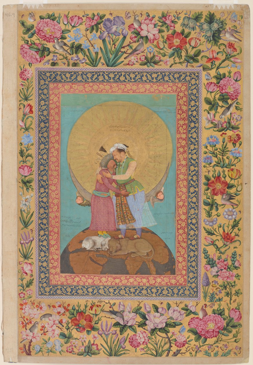 Representación alegórica del Emperador Jahangir y Shah Abbas de Persia, ilustración del Álbum de San Petersburgo, c.1618 de Abul Hasan
