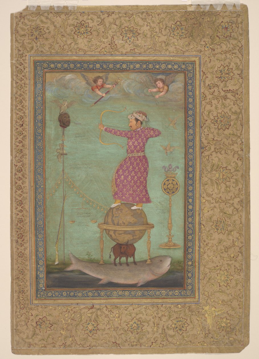 Jahangir disparando a la cabeza de Malik Ambar, principios del siglo XVII (acuarela opaca, tinta y oro sobre papel) de Abu