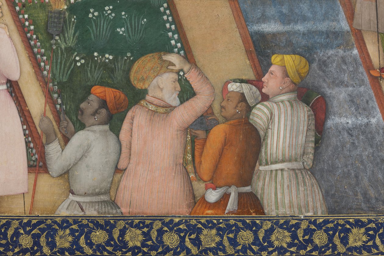 (detalle) del Emperador Jahangir con hombres santos en un jardín, c.1615 de Abul Hassan Ghaffari
