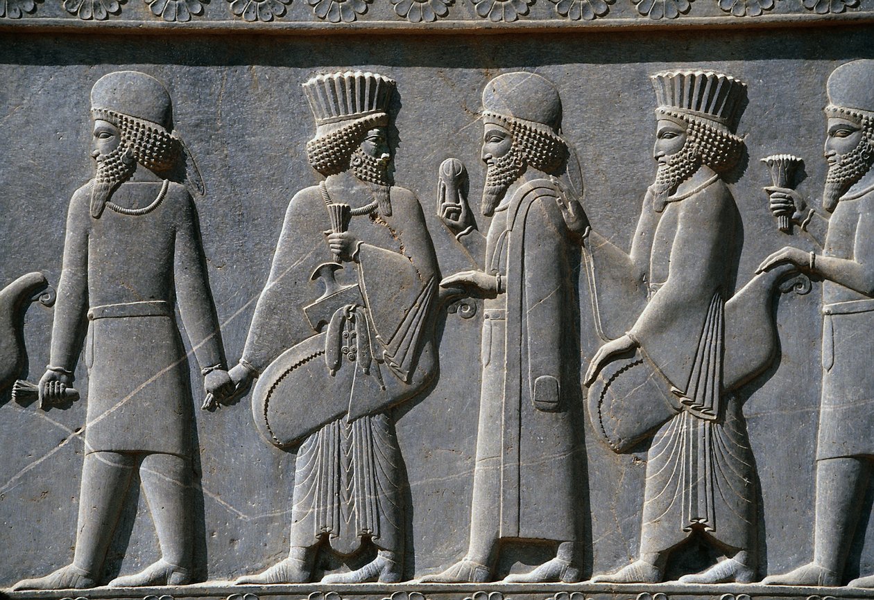 Detalle de un friso procesional en el lado este del Palacio Apadana, Persépolis, Irán, c.518-465 a.C. (piedra gris) de Achaemenid