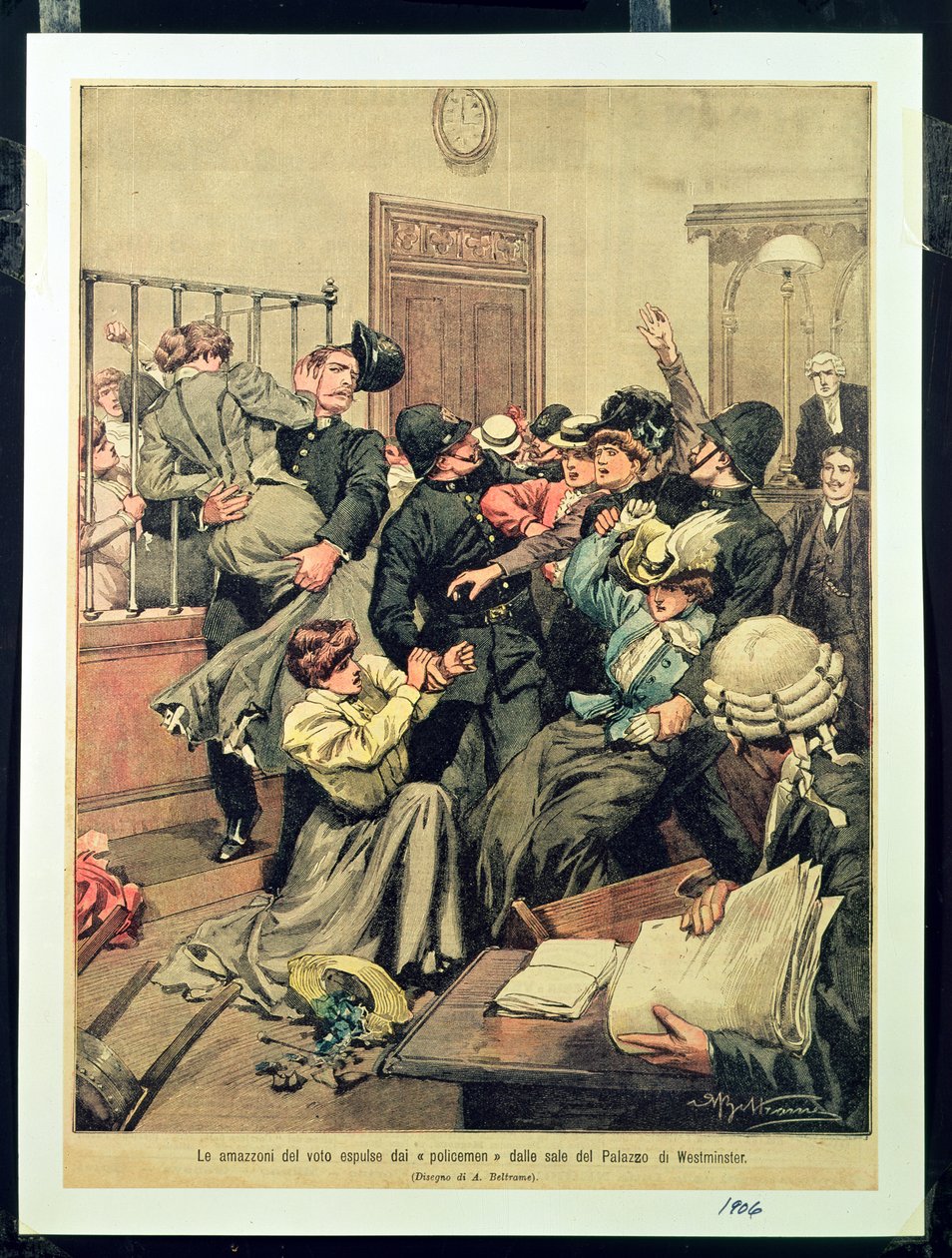 Policías expulsando a las sufragistas de una sala en el Palacio de Westminster, 1906 de Achille Beltrame