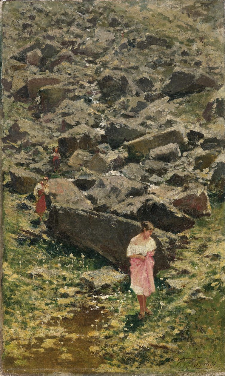 Paisaje rocoso con mujeres jóvenes en la orilla del arroyo de Achille Formis Befani