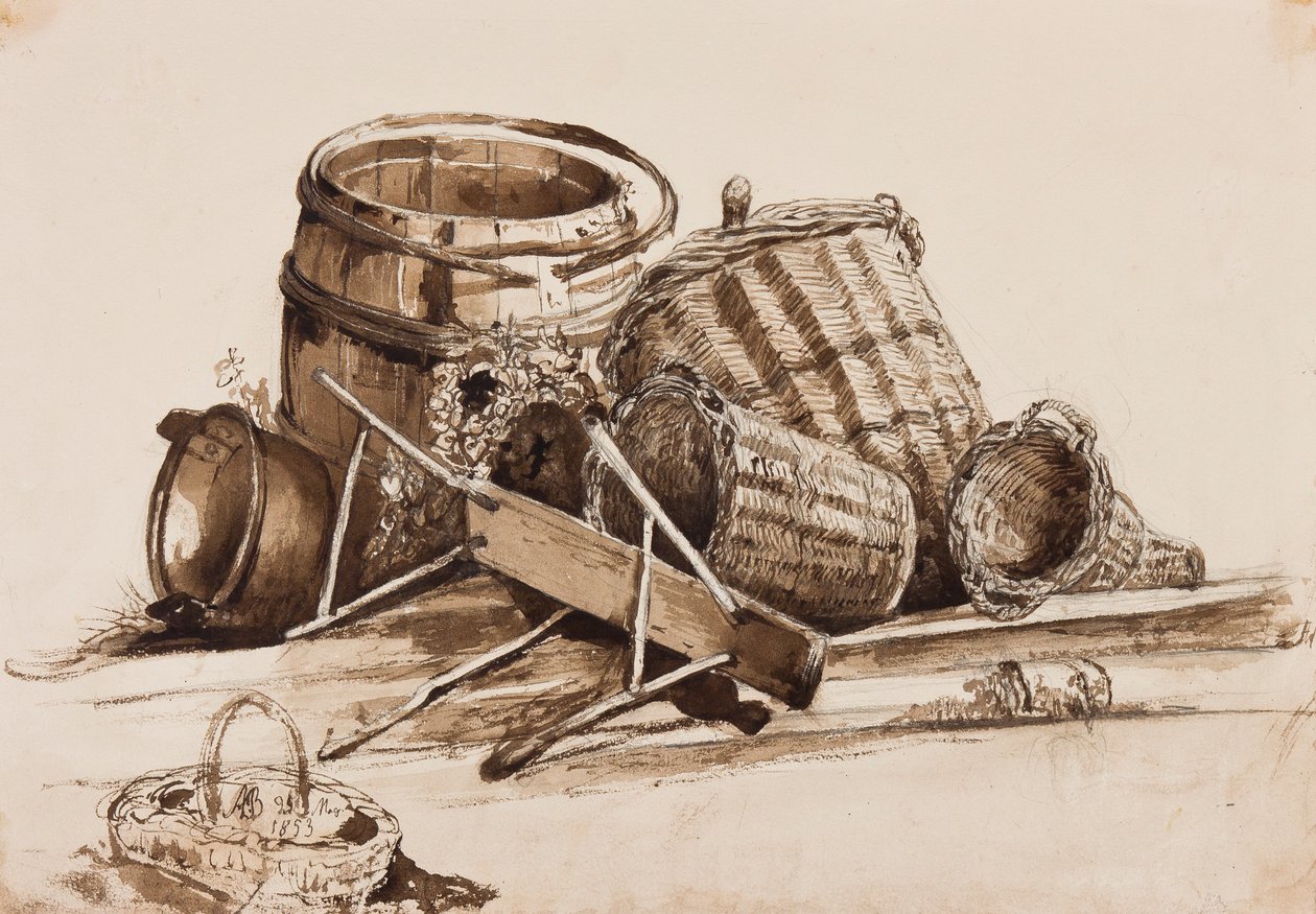 Cestas, barriles y banco, con adiciones del príncipe Alfonso María di Borbone, 1853 de Achille Vianelli