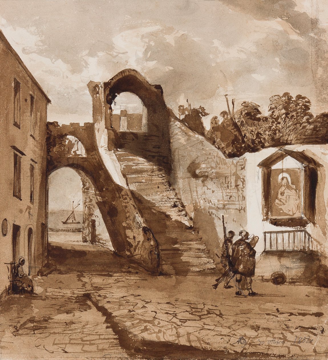 Santuario en las paredes de un pueblo napolitano, con adiciones del Príncipe Alfonso María di Borbone (1841-1934), 30 de octubre de 1854 de Achille Vianelli