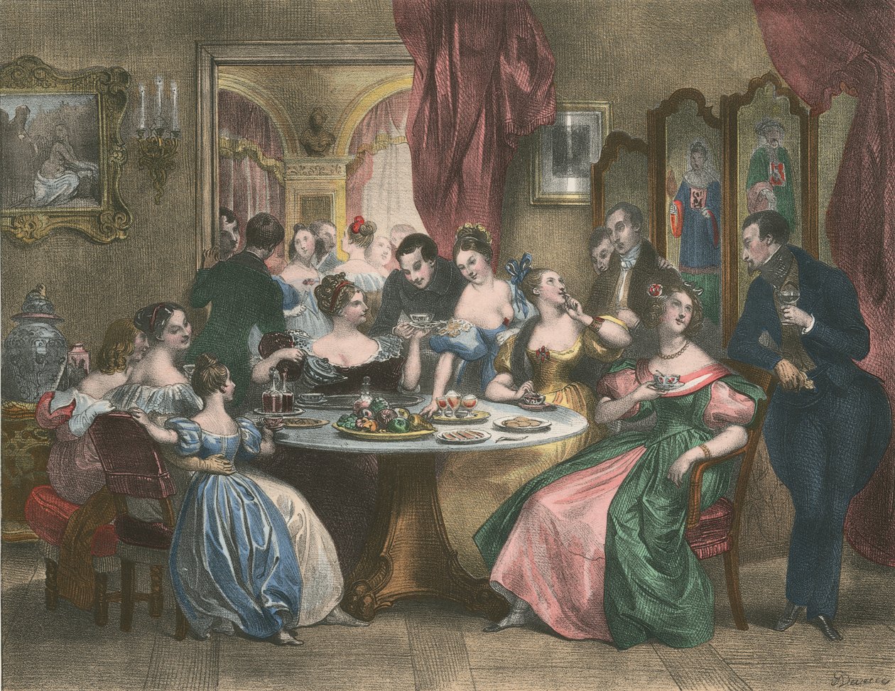 Le The, The Tea Party (litografía en color) de Achille (after) Deveria