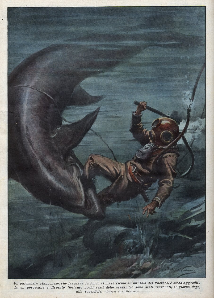 Un buzo japonés con un escafandro fue devorado por un tiburón en el Océano Pacífico. Ilustración de Achille Beltrame de 