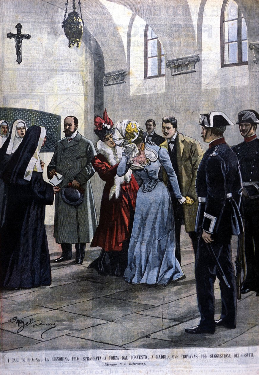 En Madrid, una joven, Mademoiselle Ubao, es arrancada de la vida religiosa en un convento donde se encontraba por sugerencia de los Jesuitas. Ilustración de Beltrame. La Domenica del corriere. 1901 de Achille Beltrame