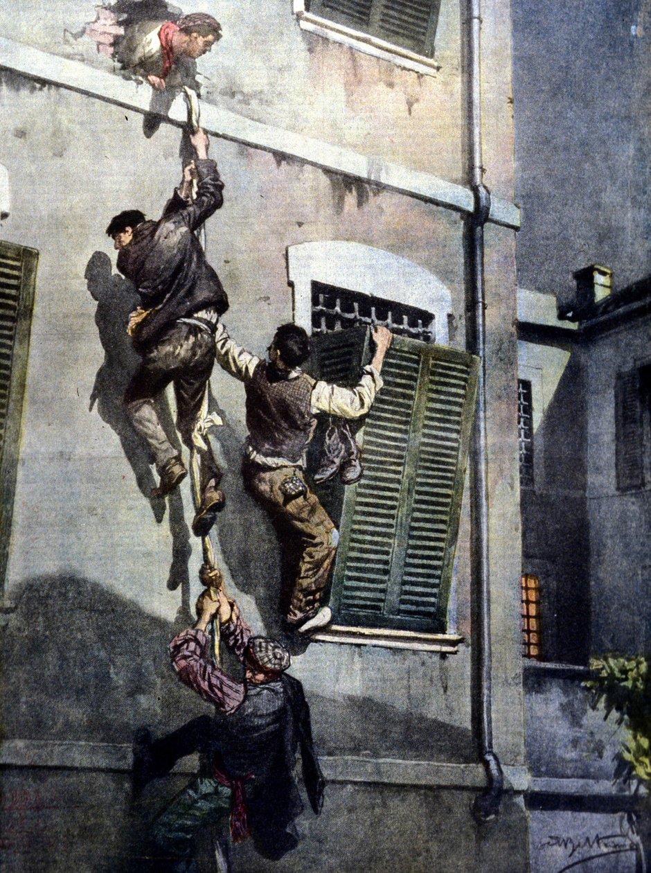 Una audaz fuga de cuatro reclusos de la prisión de Asti tras romper el muro. Dibujo de Beltrame. La Domenica del Corriere. 1902 de Achille Beltrame