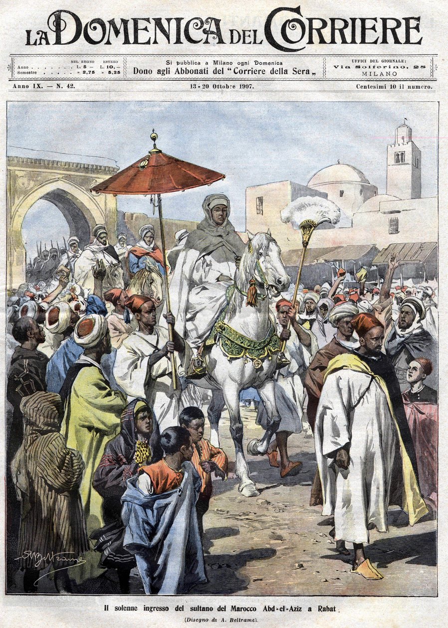 Abd al-Aziz (al-Hasan Mohamed al-Hasani al-Alaoui) entró en Rabat en Marruecos en octubre de 1907 de Achille Beltrame