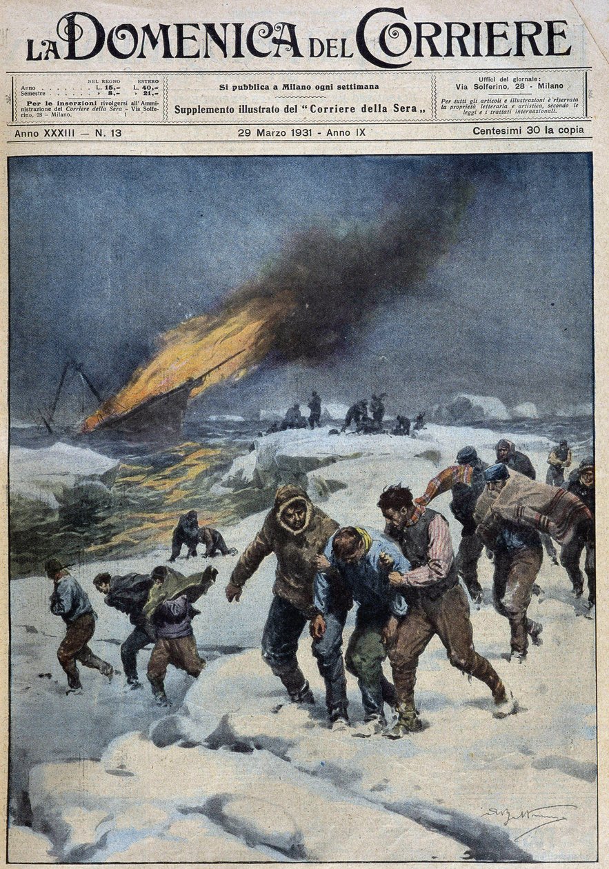 Después de la explosión del ballenero “Viking”, la trágica marcha de la tripulación en busca de rescate: este barco (al fondo en llamas) llevaba una expedición cinematográfica - dib. por A. Beltrame en “la Domenica del Corriere” del 29/03/1931 de Achille Beltrame