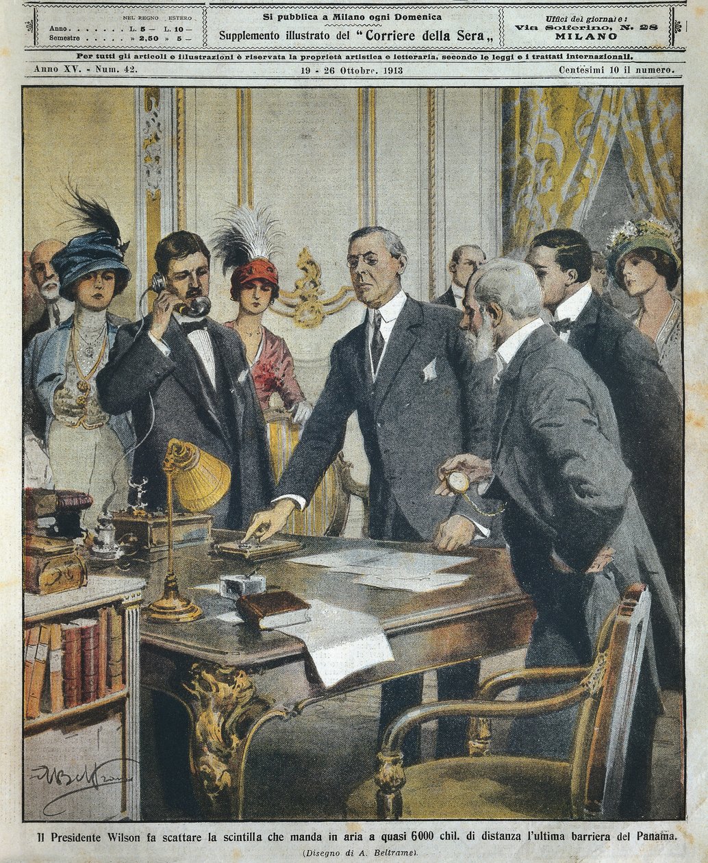 El presidente estadounidense Woodrow Wilson detona telegráficamente la última barrera del Canal de Panamá a 6000 kilómetros de distancia de Achille Beltrame