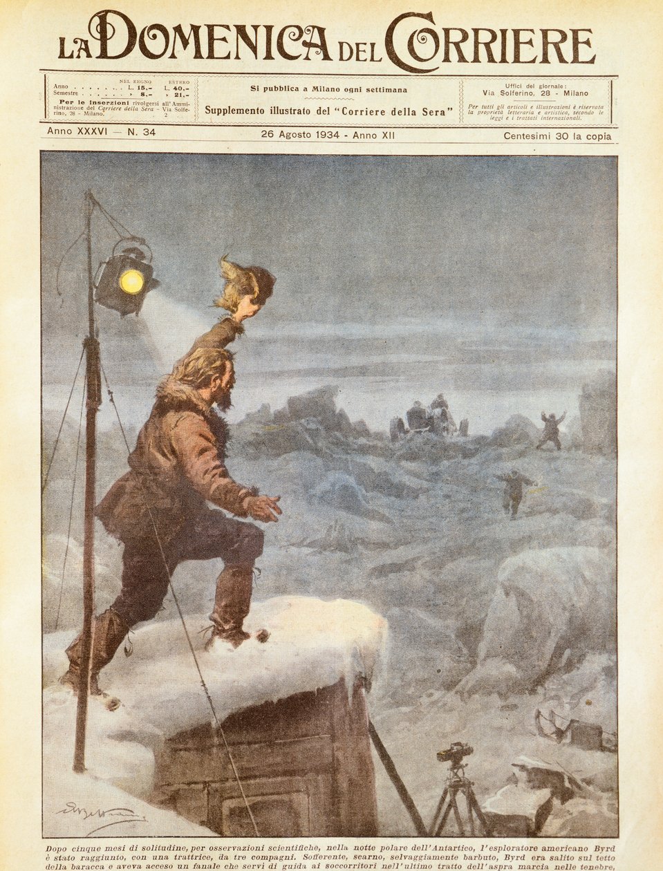Explorador estadounidense, Richard E Byrd, acompañado por compañeros en la Antártida después de estar solo durante cinco meses, por Achille Beltrame, ilustración, Ilustrador Achille Beltrame (1871-1945), de La Domenica del Corriere, 26 de agosto de 1934 de Achille Beltrame