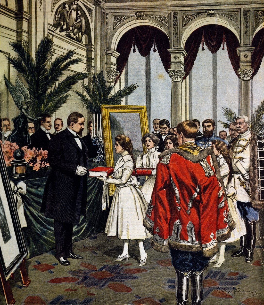 Aniversario del autor de Quo Vadis?, presentación de regalos a Sinkievicz en Varsovia, ilustración por Achille Beltrame, La Domenica del Corriere, No. 3, 20 de enero de Achille Beltrame