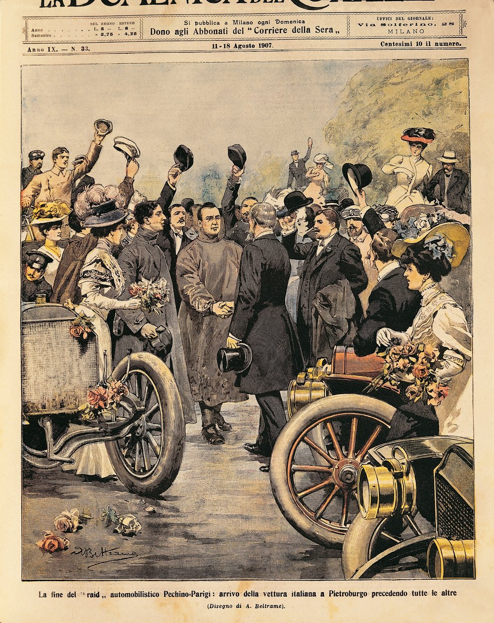 Llegada a San Petersburgo del coche italiano ganador (Itala 35/45 HP conducido por Scipione Borghese y Ettore Guizzardi), final de la carrera de motor París-Pekín, ilustración de Achille Beltrame de La Domenica del Corriere, 11-18 de agosto de Achille Beltrame