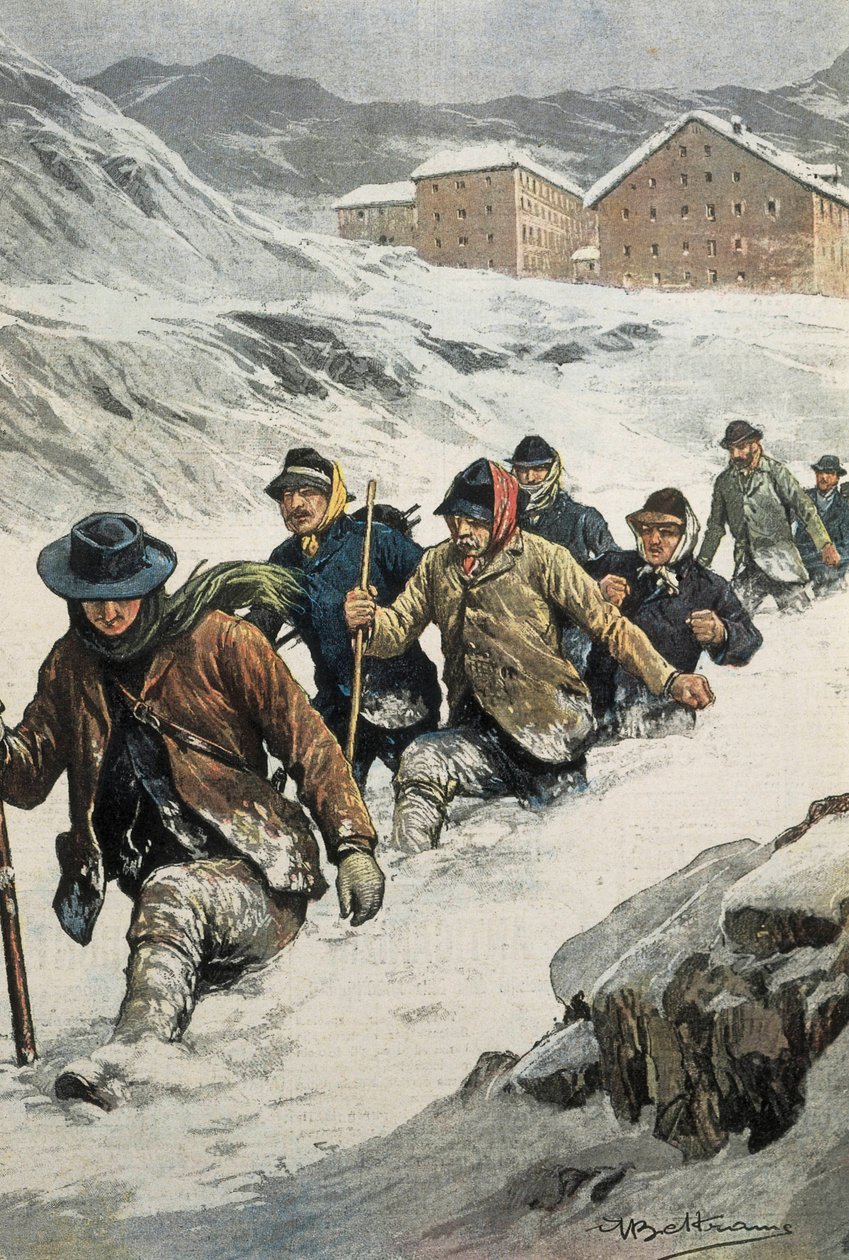 Trabajadores italianos cruzando el Paso de San Bernardo entre Aosta y Suiza. Portada de “La Domenica del Corriere”. 14/02/1904. de Achille Beltrame