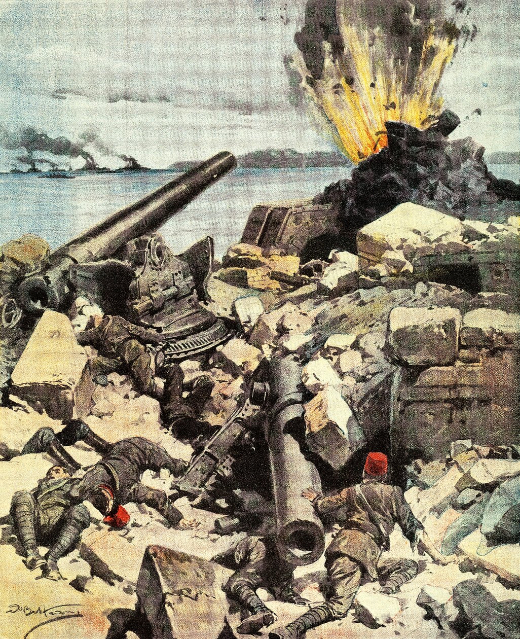 Batalla de los Dardanelos, la flota anglo-francesa destruye los fuertes de los Dardanelos para llegar a Constantinopla de Achille Beltrame