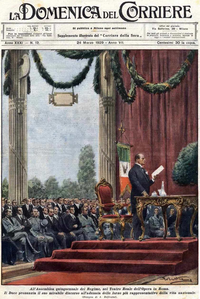Benito Mussolini dando su discurso en el Teatro Reale de la ópera en Roma ante los líderes del régimen. Ilustración de Achille Beltrame. 