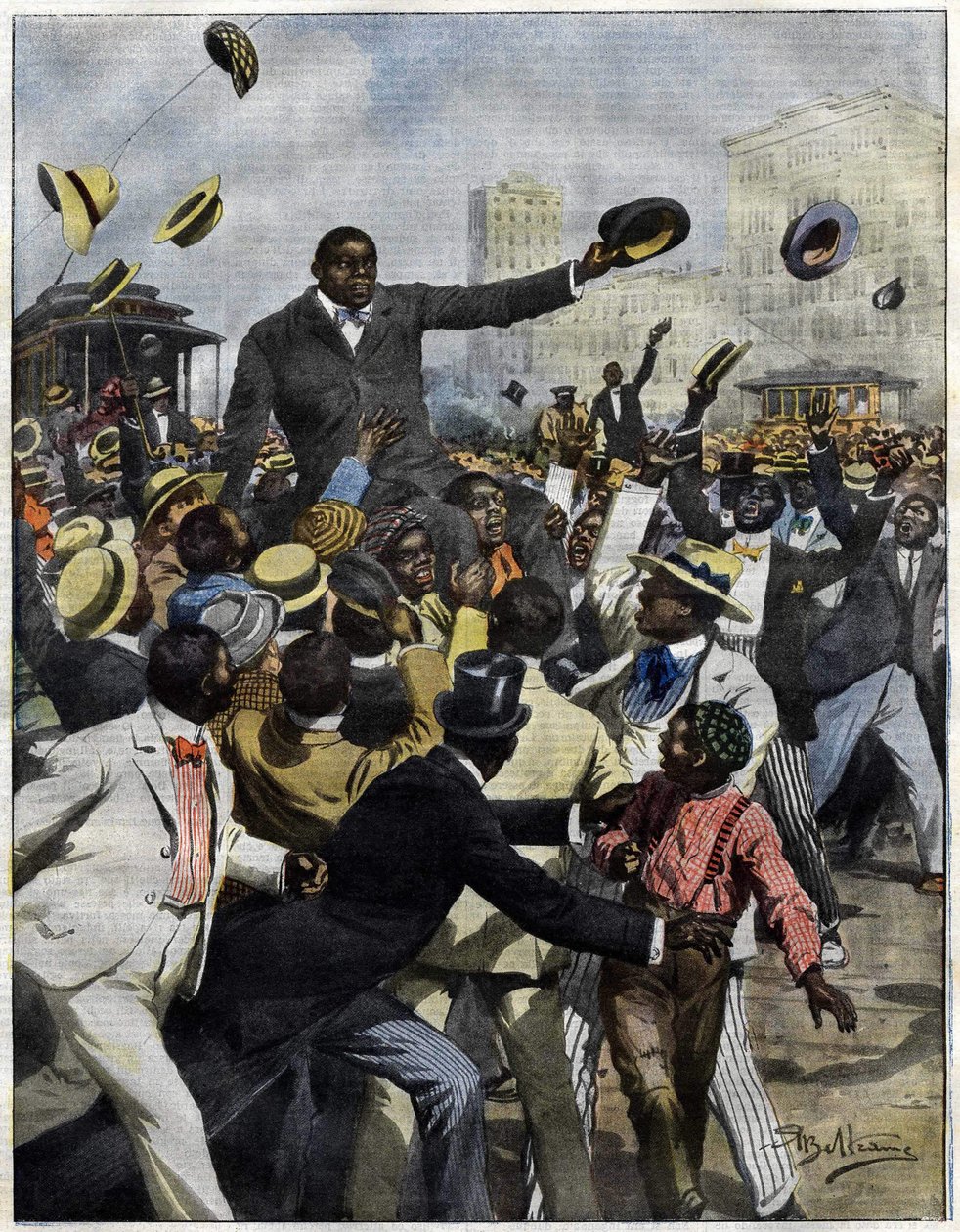 El boxeador Jack Johnson llegó a Chicago en 1910. Ilustración de Achille Beltrame para La Domenica del Corriere de Achille Beltrame