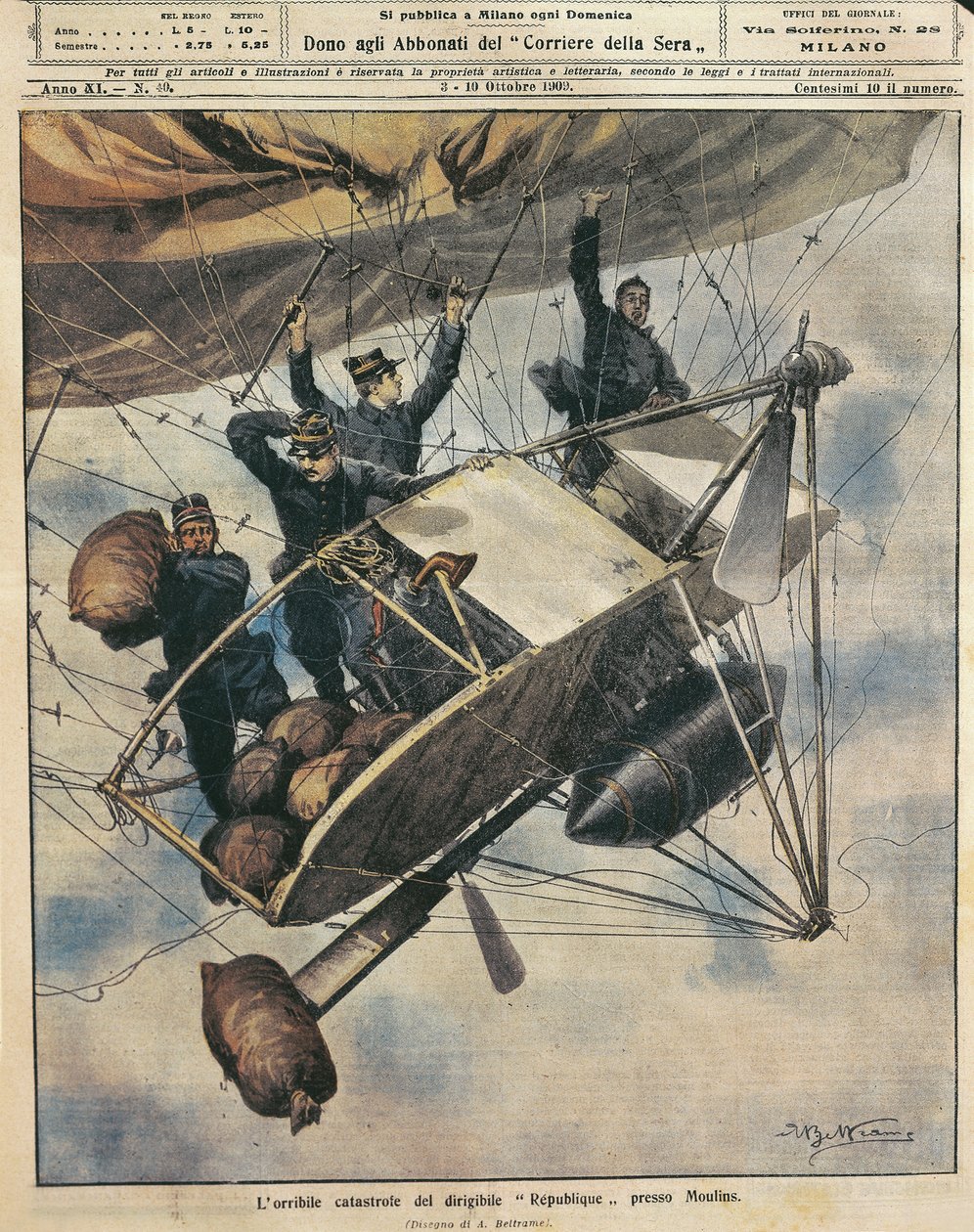 Catástrofe del dirigible Republique cerca de Moulins, Francia, ilustración por Achille Beltrame de La Domenica del Corriere, 3-10 de octubre de Achille Beltrame