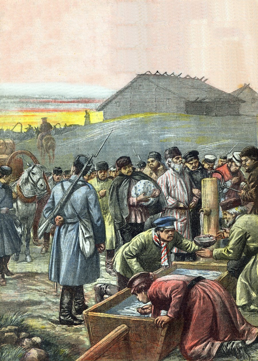 Convoy de prisioneros políticos rusos deportados en tránsito al exilio en Siberia, ilustración de la revista 