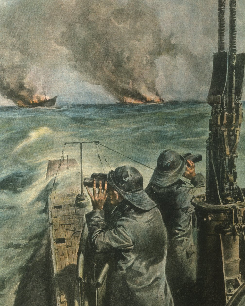 Ilustración de portada de los barcos de vapor angloamericanos torpedeados frente a la costa de África Occidental durante la Segunda Guerra Mundial de Achille Beltrame
