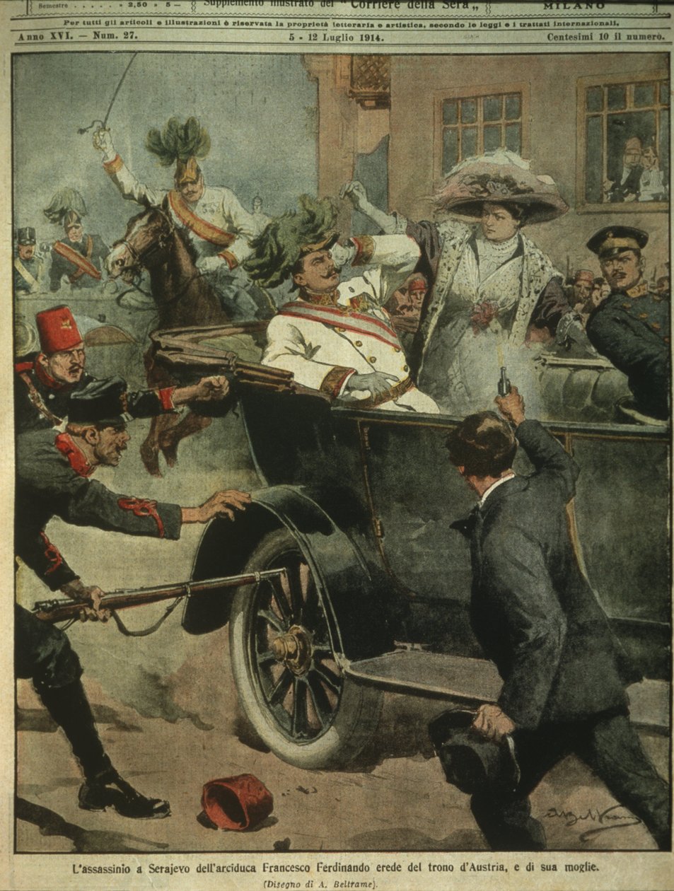 Ilustración de portada del asesinato del archiduque Francisco Fernando de Austria, heredero del trono austrohúngaro, Sarajevo de Achille Beltrame