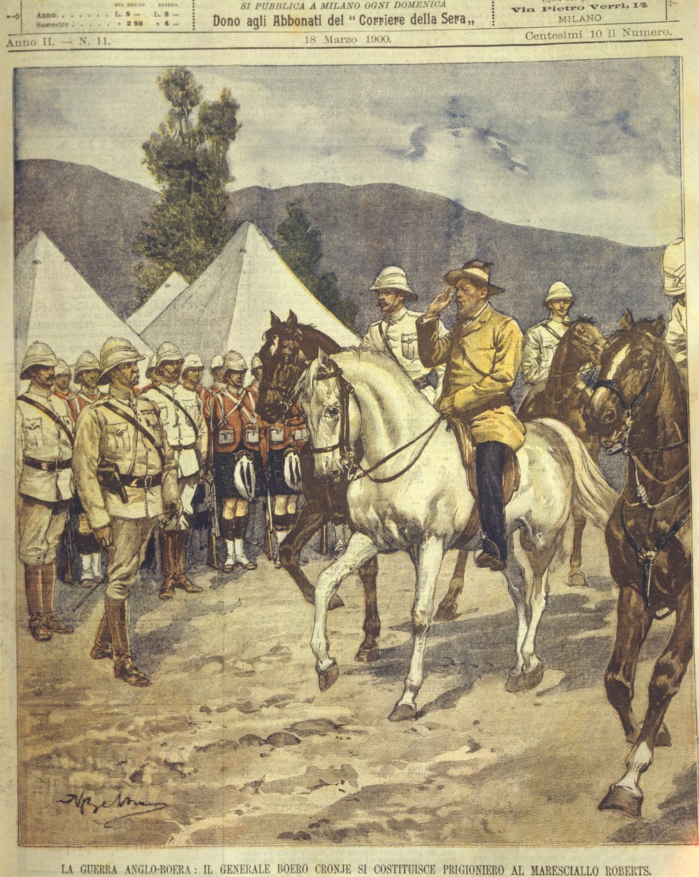 Ilustración de portada de la rendición del General Cronje ante el Mariscal Roberts durante las Guerras Anglo-Zulú y Anglo-Bóer de 1850-1902 de Achille Beltrame