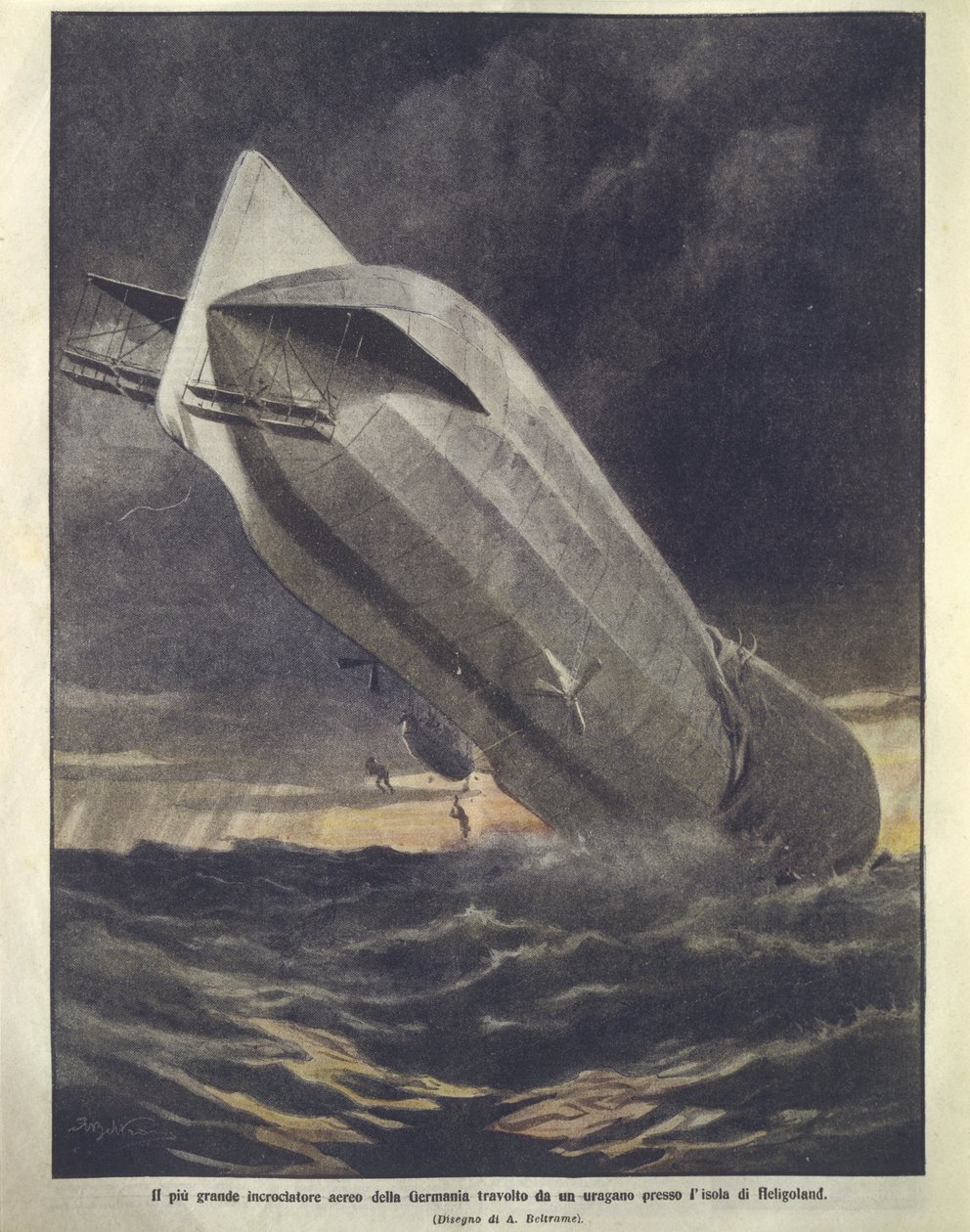 Ilustración de portada de crucero alemán arrastrado por huracán cerca de la Isla Heligoland de Achille Beltrame