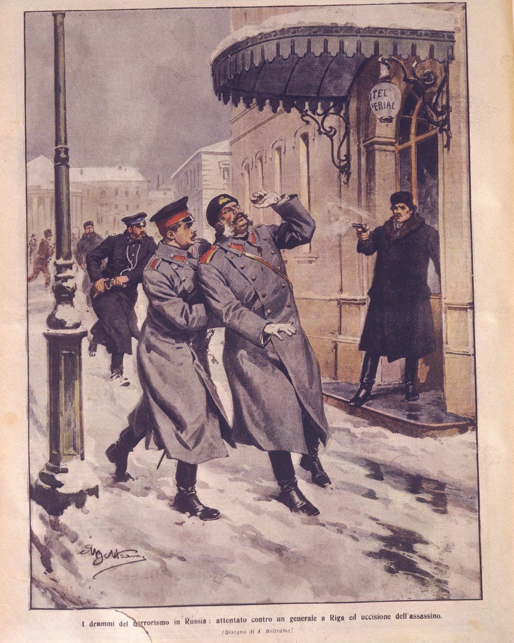 Ilustración de portada del terrorismo en el Imperio Ruso; intento de asesinato del general y muerte del atacante en Riga de Achille Beltrame