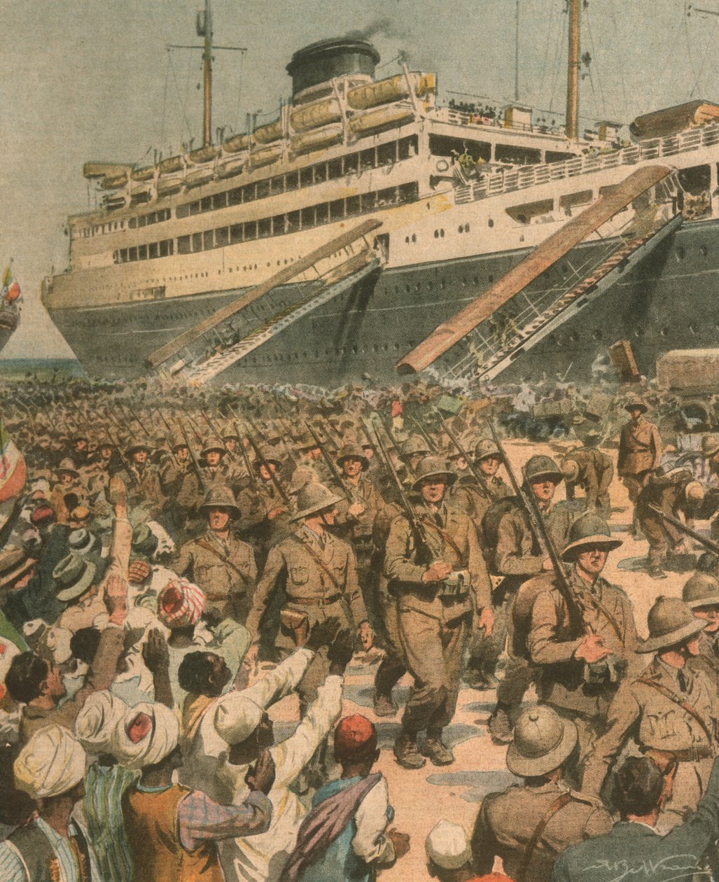 Ilustración de portada del desembarco de tropas italianas en África Oriental de Achille Beltrame