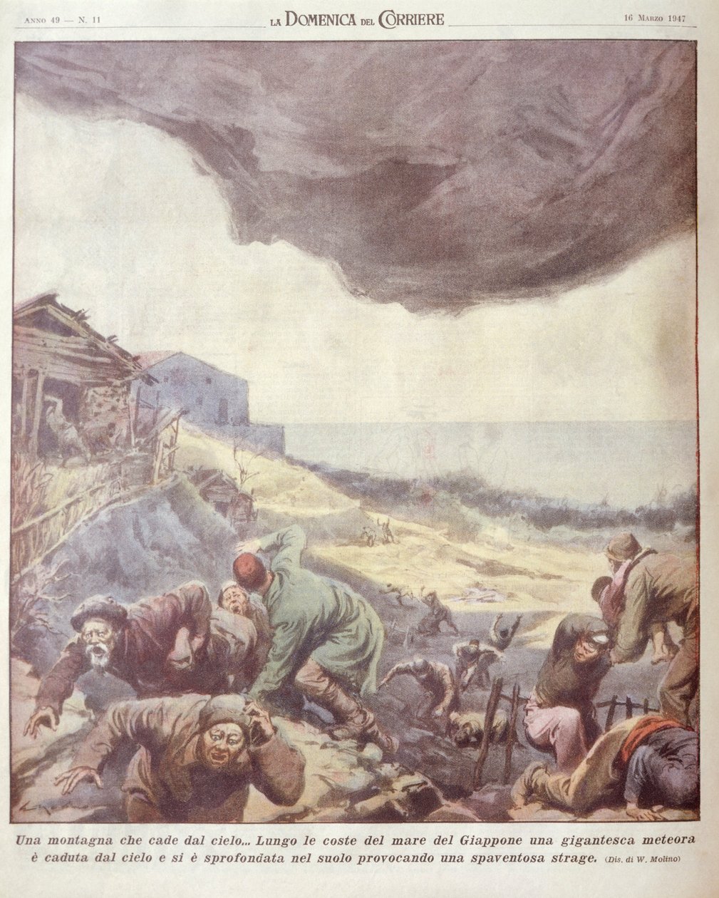 Ilustración de portada de meteorito cayendo en Japón de Achille Beltrame